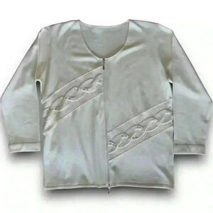vtg cream cable knit sequin embroidered zip up cardigan italian wool sweater euc